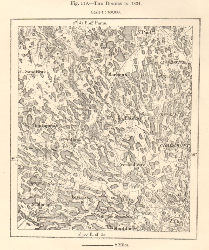 The Dombes in 1834. Ain. Sketch map 1885 old antique vintage plan chart